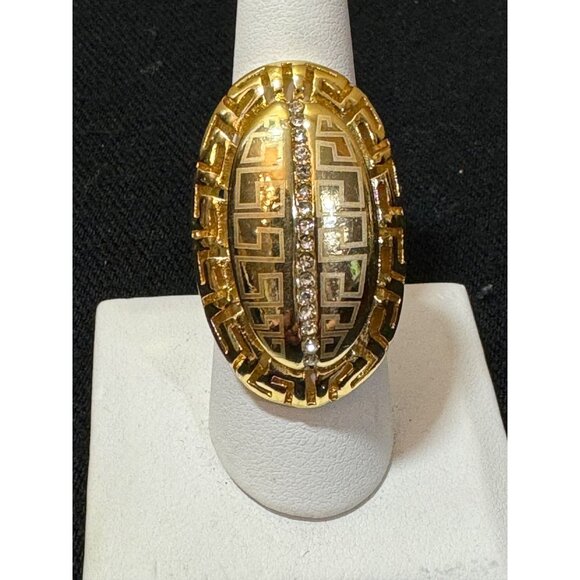 Vintage Costume Ring Jewelry - Vintage Gold-Plated Statement Ring With Greek Key Design & Rhinestones